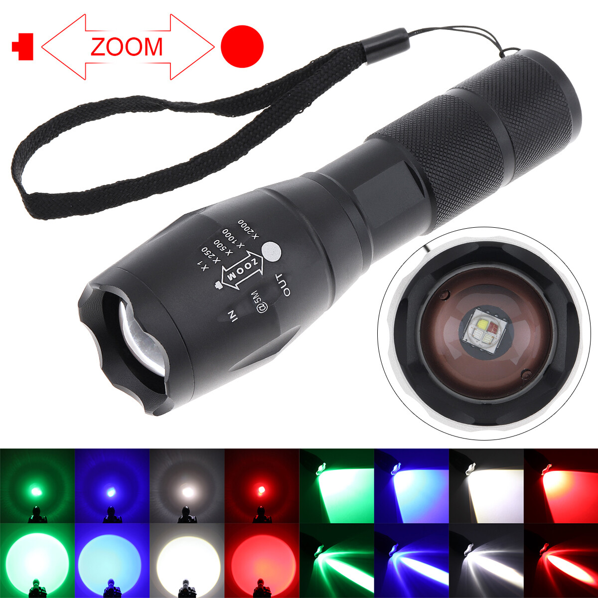 A100 4 Light Modes Red Green Blue White Light LED Flashlight with Adjustable Focus Waterproof for Camping / Hiking / Fishing