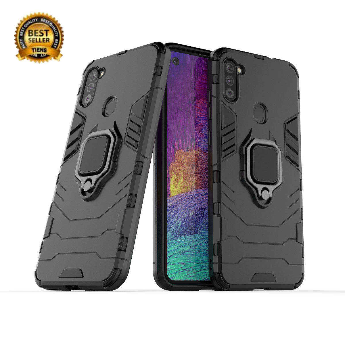 XICCI for Samsung A11/Samsung Galaxy A11 Case, Litchi TPU and Hard PC Luxury Armor Shockproof Metal Ring Holder Cover Phone Casing