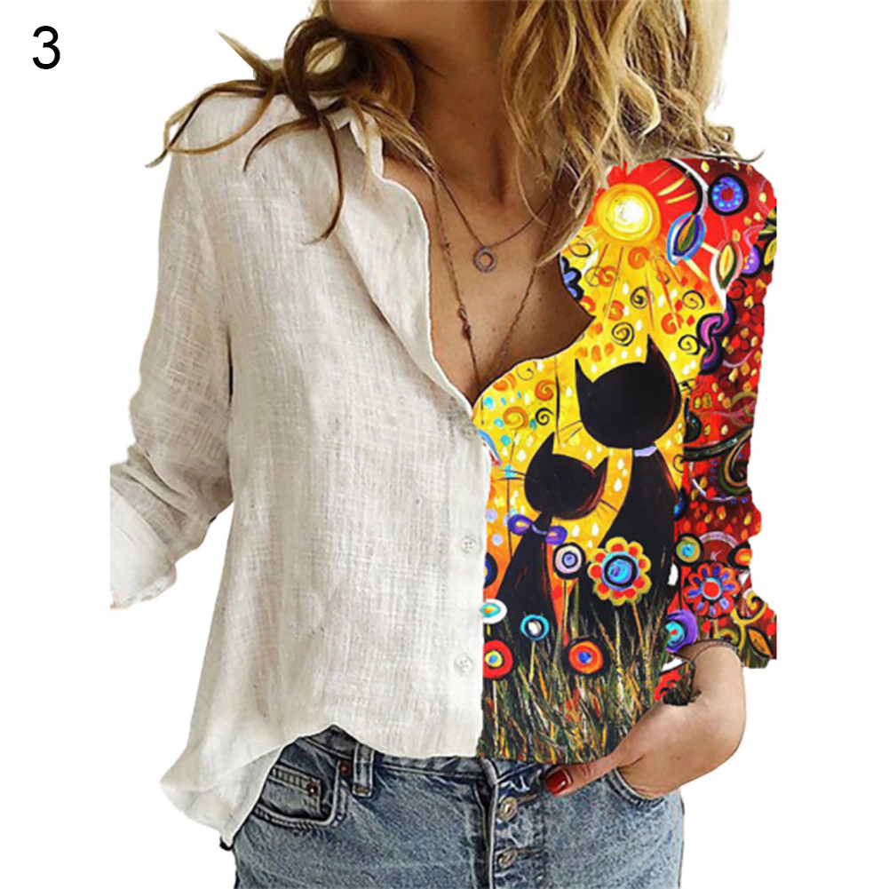 Benferry Fashion Women Buttons Long Sleeve Sunflower Cats Patchwork Blouses Office Shirt