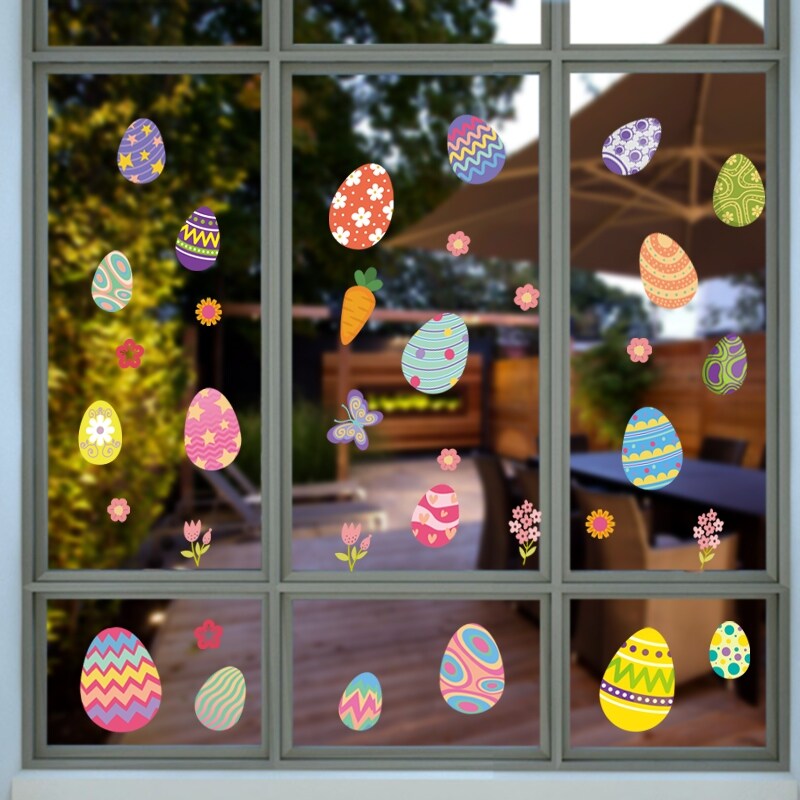 【HOT】 Happy Easter Window Stickers Rabbit Eggs Chick Wall Stickers Easter Decorations for Home 2022 Easter PartyWall Decals