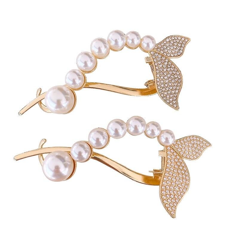 Fashion Pearl Rhinestone Mermaid Fishtail Metal Curved Hair Clip for Women Elegant Large Hair Claw Clamp Headwear Hair Accessories