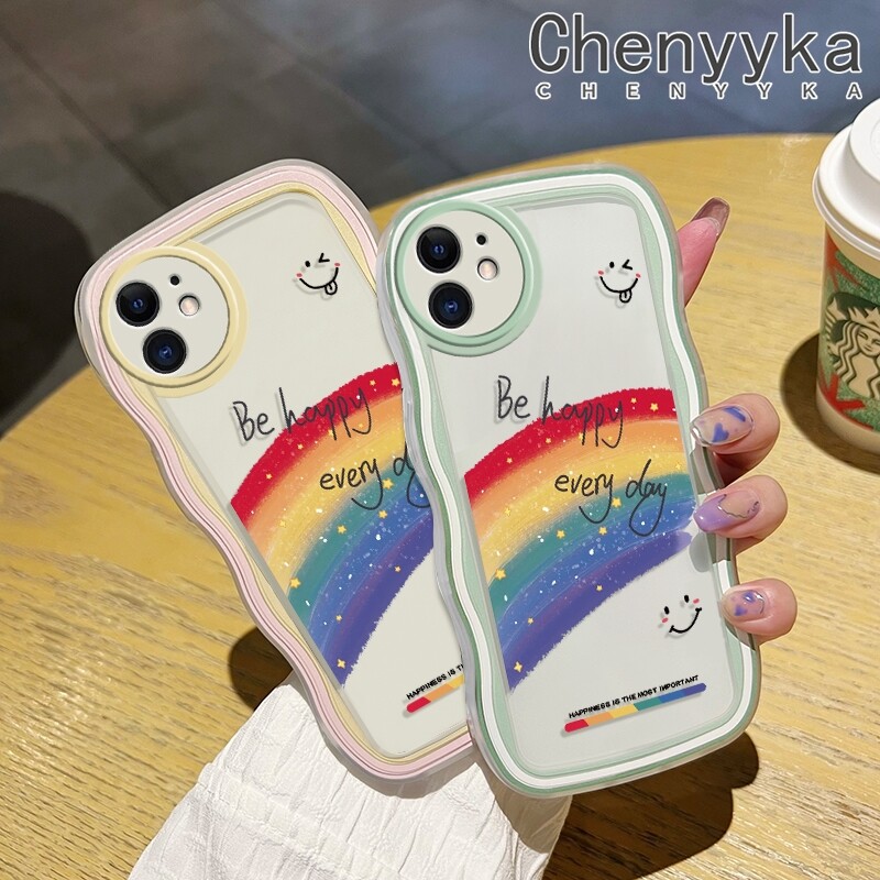chenyyka Casing For iPhone 14 Pro Max 14 PLUS 13 Pro Max 13 Mini Case Cartoon Rainbow Smile Pattern Wave Border Soft Clear Shockproof Phone Cases Creative Camera Transparent Casing Silica Gel Protective Cover