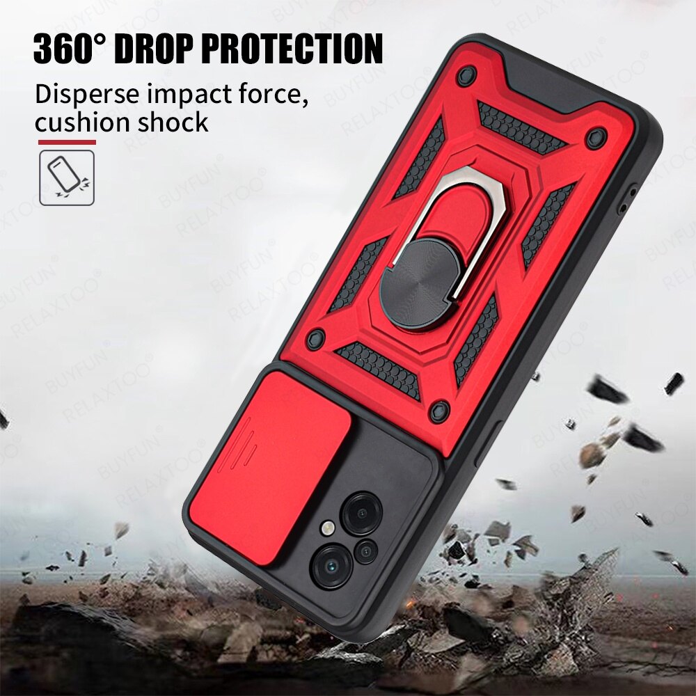 For Xiaomi Poco M5 M5s PocoM5 Shockproof Armor Phone Case Business Push Pull Camera Protection Case With Metal Ring Holder Bracket Hard Back Cover casing