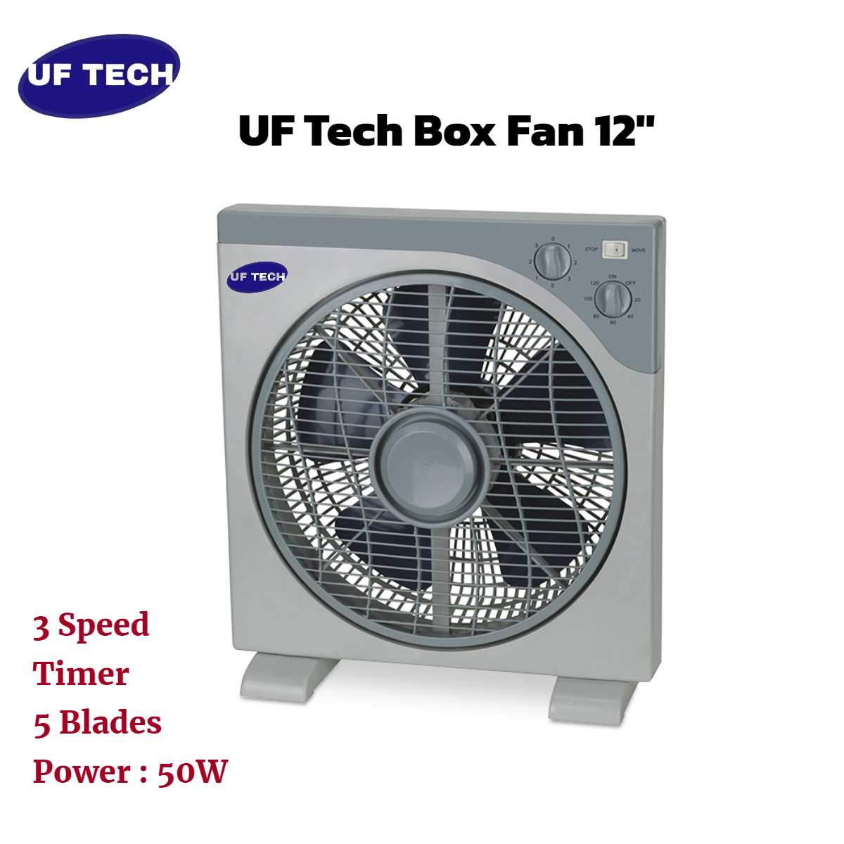UF Tech Box Fan 12'' KYT30A Simple Design Air Cooling Smart Timer 3