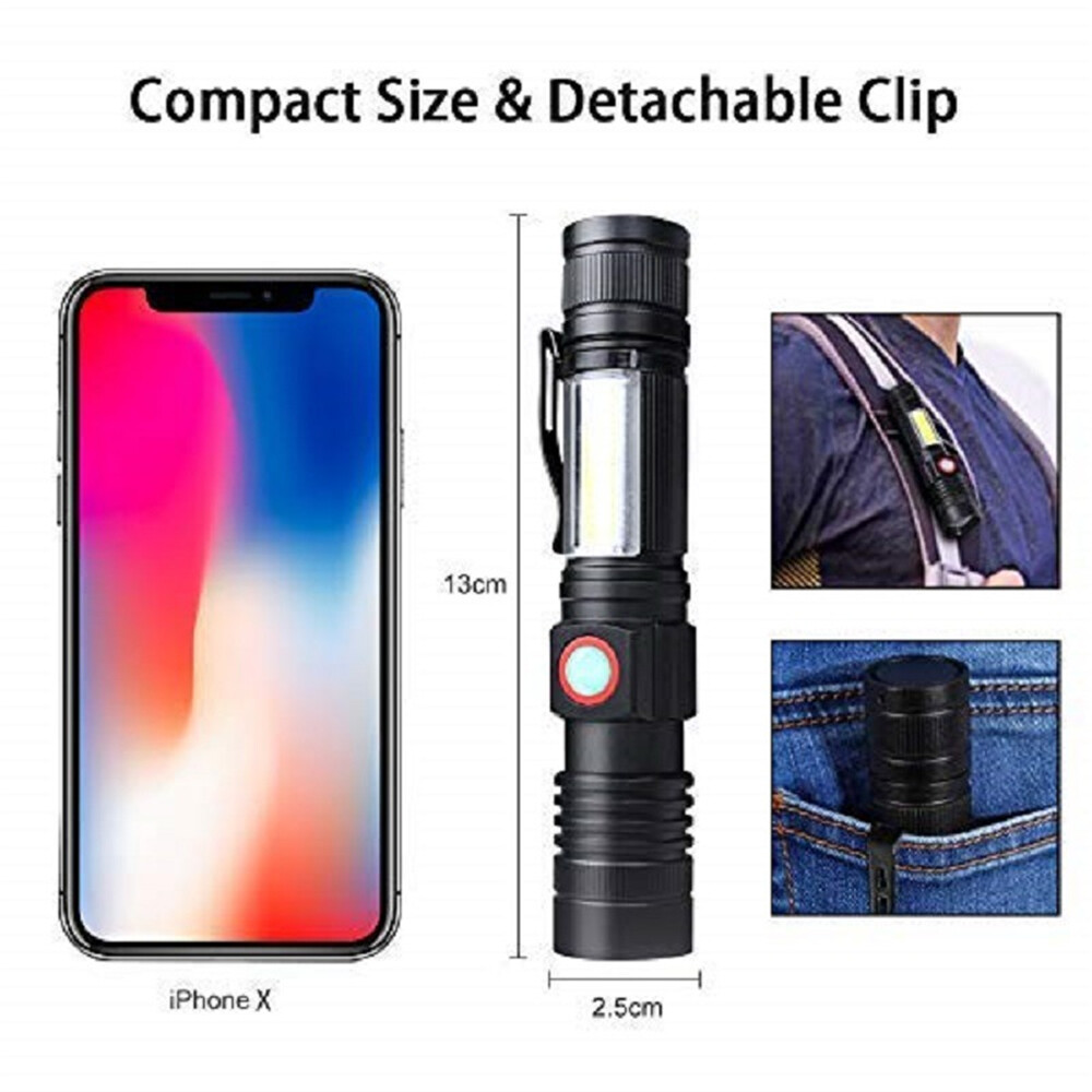 Virwir Original torch light flashlight re-chargeable emergency light re-chargeable led lightT6+COB Zoomable LED Flashlight USB Re-chargeable 1Torch With Magnetic Base