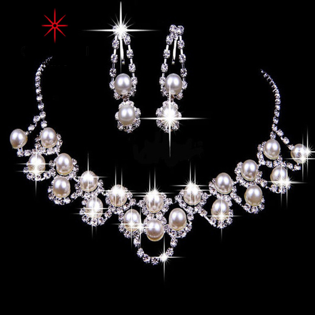 Gravitational wave Women Palace Style Rhinestone Faux Pearl Pendant Necklace Earrings Jewelry Set