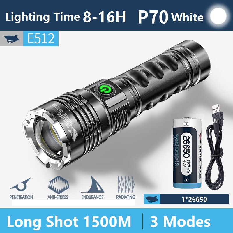 Smiling Shark E512 Mini Flashlight Led Torch Light XHP70 1000 High Lumens Super Bright 26650 USB Rechargeable Portable Handheld Torchlight Camping Light IPX4 waterproof 3 Modes Zoomable Best Fishing Hiking Cycling Emergency Torch Lamp