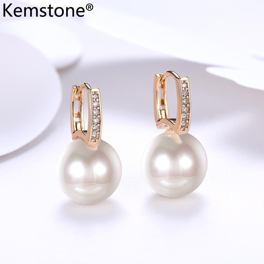 Kemstone Fashion Women Earrings Simulated Pearl Crystal Hoop Earrings