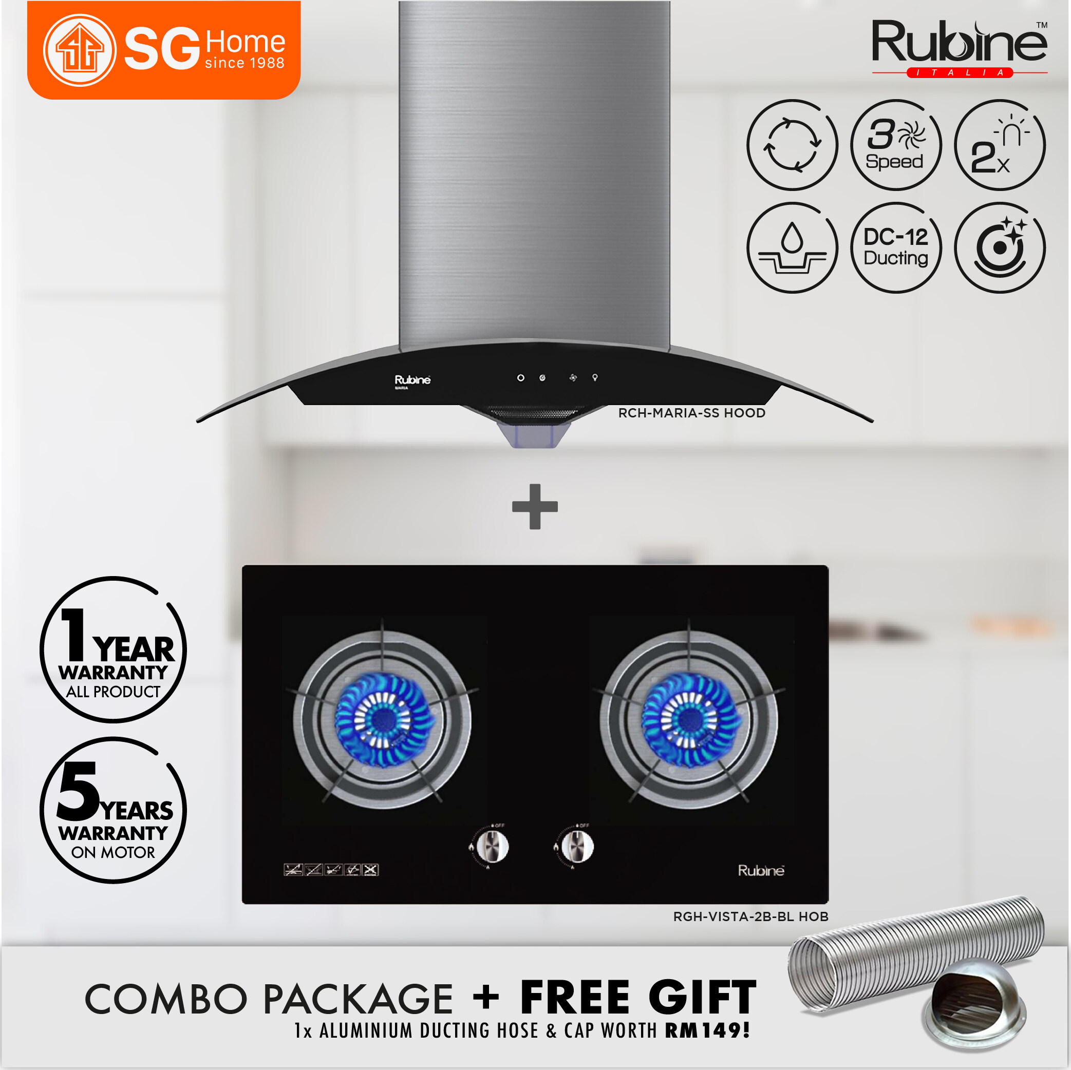 Ready Stock Rubine ArchGlass Hood RCHMARIASS + Builtin Gas Hob RGH