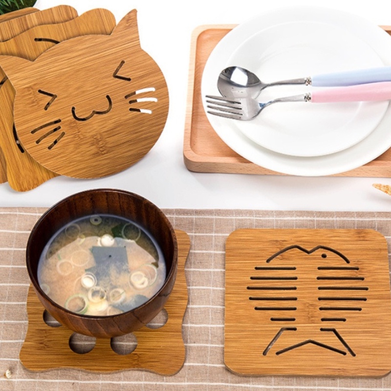 Sáng tạo hoạt hình bằng gỗ cách nhiệt Coaster dày rỗng không trượt placemat phụ kiện bàn bếp