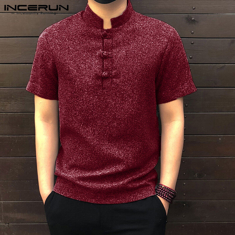 INCERUN Mens Vintage Short Sleeve Shirt Button Beach Top Casual Baggy T-shirt Tees