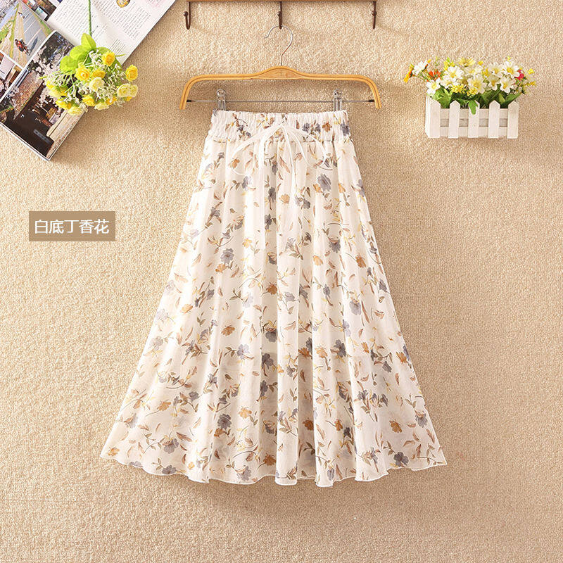 Skirt 2020 summer new floral skirt mid length women's high waisted large swing print A-line Chiffon Skirt