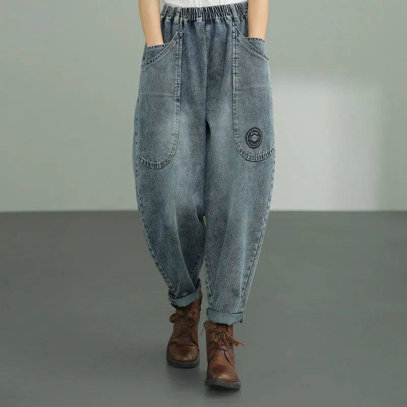 Fairytaill cỡ lỡn nữ hoài cổ Cotton Denim Quần Dài tới mắt cá chân thắt lưng co giãn giản dị có túi dáng thụng chắp vá quần harem Jeans chất lượng cao 201j013