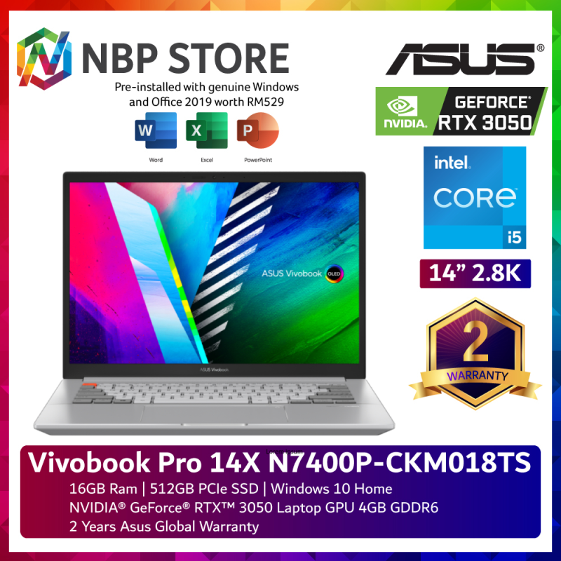 Asus Vivobook Pro 14X 14 2.8K OLED N7400P-CKM018TS Cool Silver Laptop ( i5-11300H, 16GB, 512GB SSD, RTX3050 4GB, W10, HS ) Malaysia