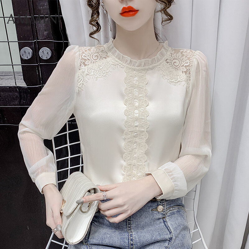 AMMIN Korean style Lace  top 2022 new temperament lace stitching lace collar chiffon shirt For Women casual all-match lace embroidery Blouse