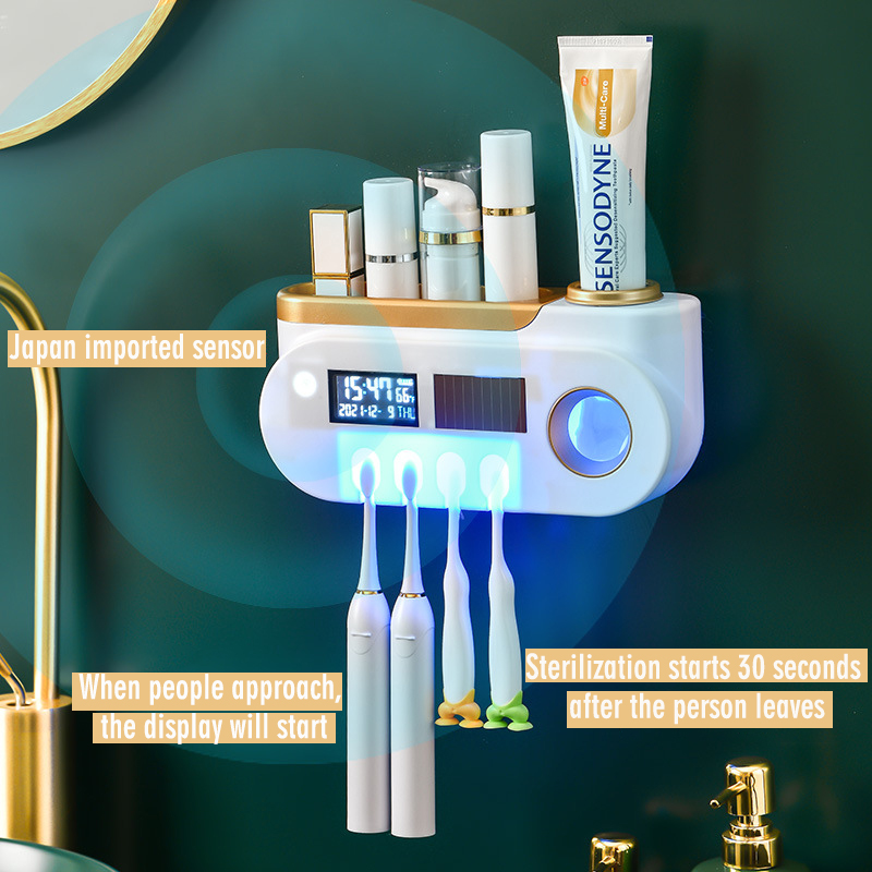 Light Luxury Toothbrush Holder Uv Disinfection Toothbrush Rack Automatic Toothpaste Dispenser Wall Hanging Box Bathroom Storage