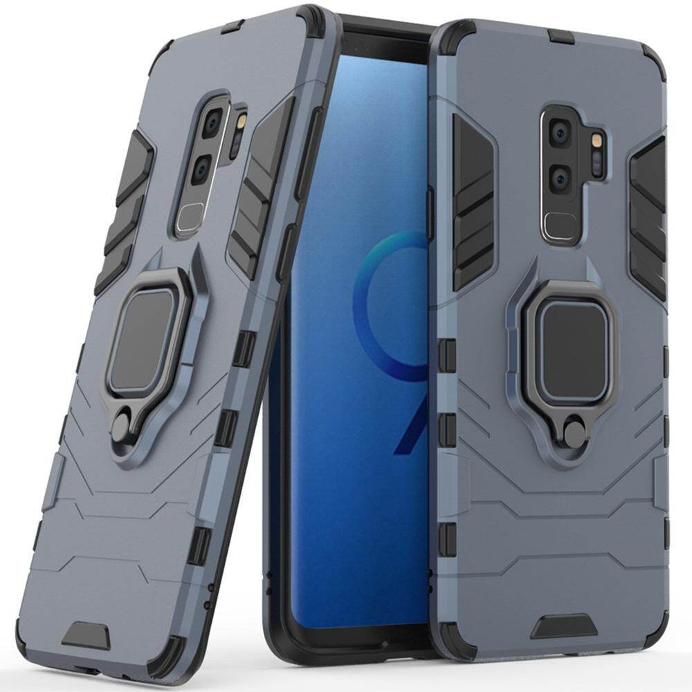 For Samsung Galaxy S9 Plus Phone Case, Silicone TPU and Hard PC Luxury Armor Shockproof Metal Ring Holder Cover Casing