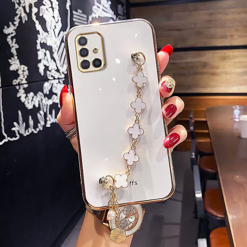 AnDyH Straight Edge Plating Phone case For Samsung Galaxy A51 casing,Precise Camera Protection cases Cute girl style cover with Four leaf clover bracelet