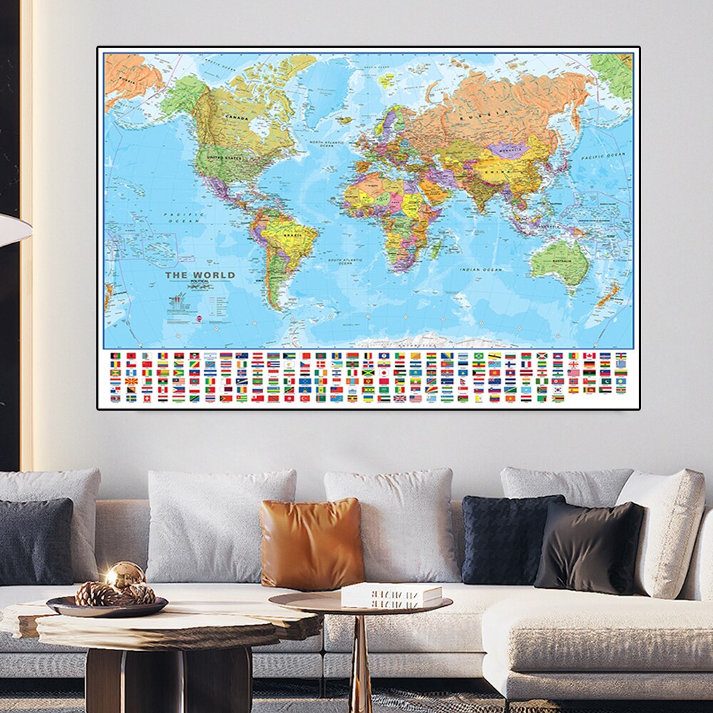 225150cm The World Political Map with National Flags Canvas Paintings Map of The World Poster Classroom Home School Supplies 0628