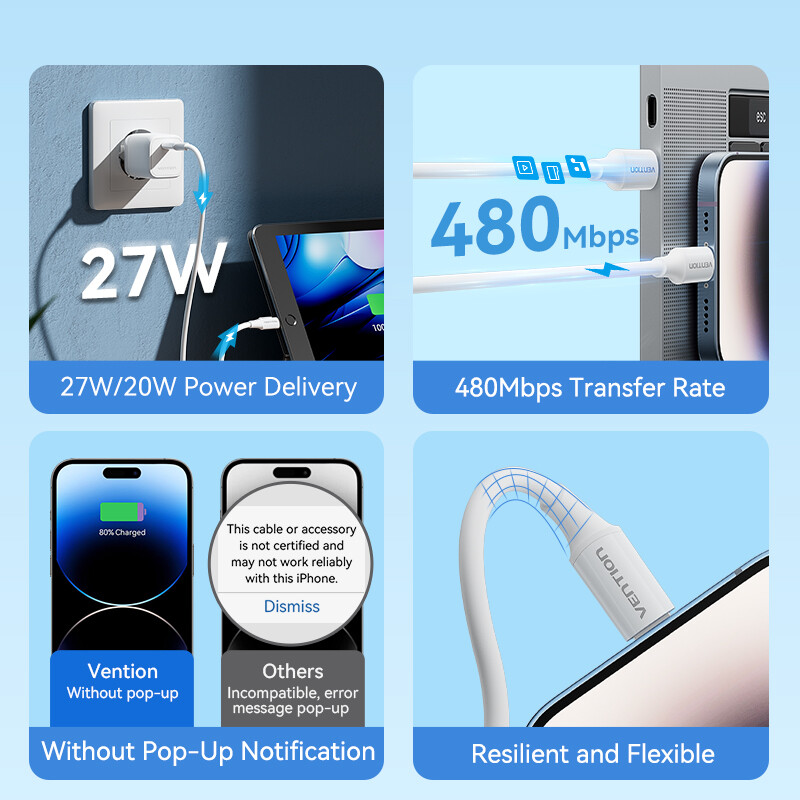 Vention USB 2.0 Cáp Lightning 3A Cáp dữ liệu PD 27W truyền dữ liệu iPhone 14 13 12 11 Pro max sạc nhanh cho Ipad điện thoại nhỏ Loại C Cáp USB-C để Cáp sạc iPhone
