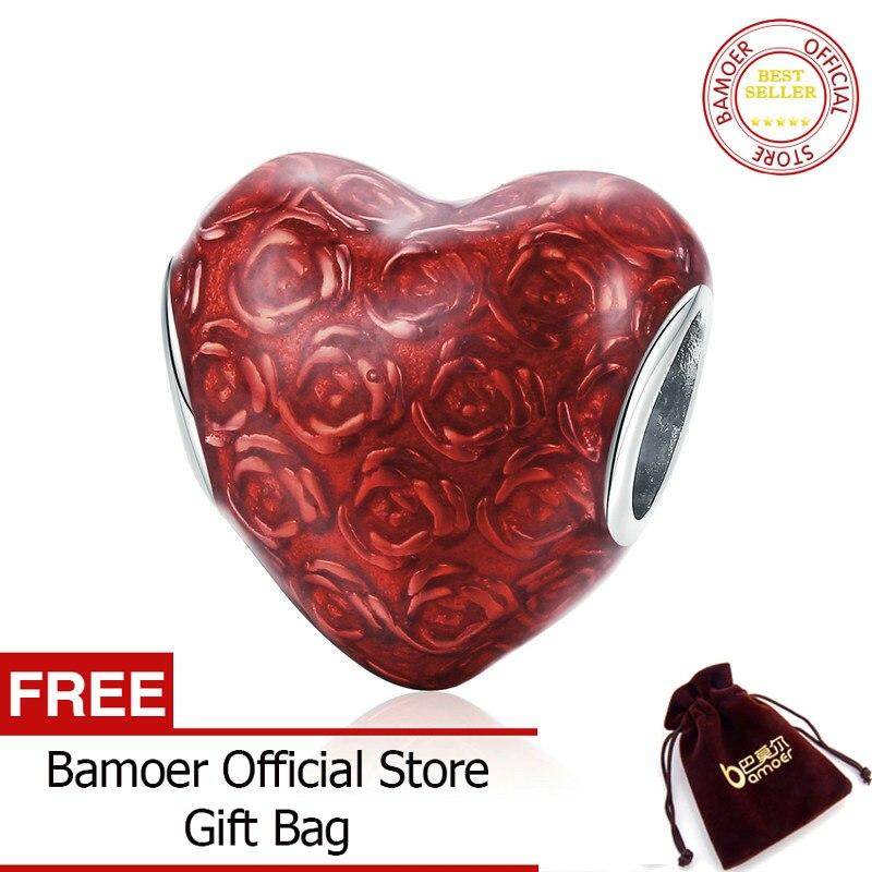 BAMOER Valentines 925 Sterling Silver Red Rose Flower in Heart Shape Charms Beads Fit Charm Bracelets Valentines Jewelry SCC1064