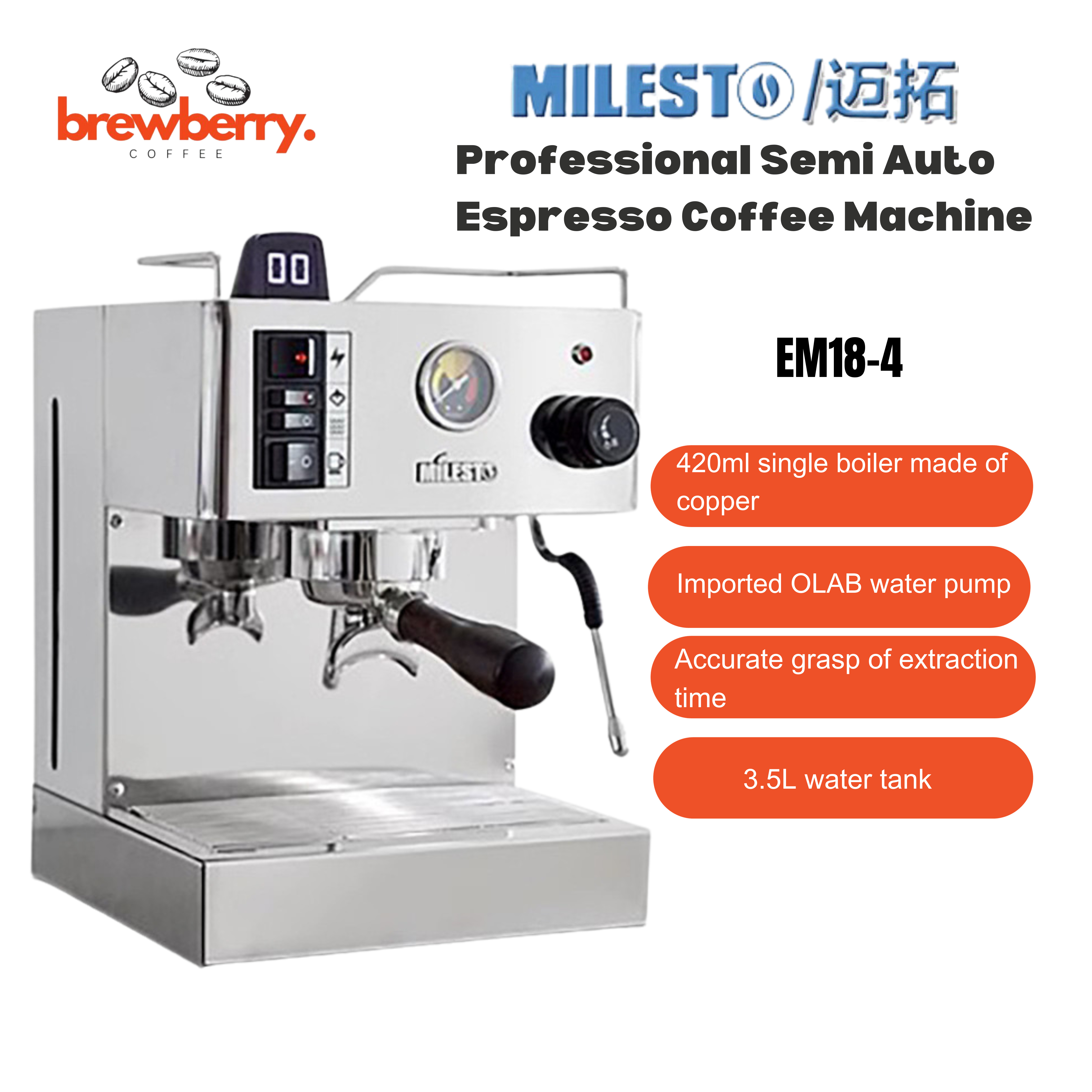 MILESTO EM18 Coffee Machine SemiAuto Espresso Coffee Machine Italian