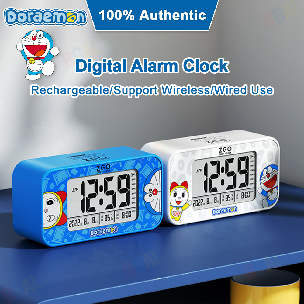 100% Authentic Doraemon Digital Clock Alarm Clock Rechargeable with Night Light Kids Clock Anti-fall Temperature display USB charging Support Wireless/Wired Use 0125