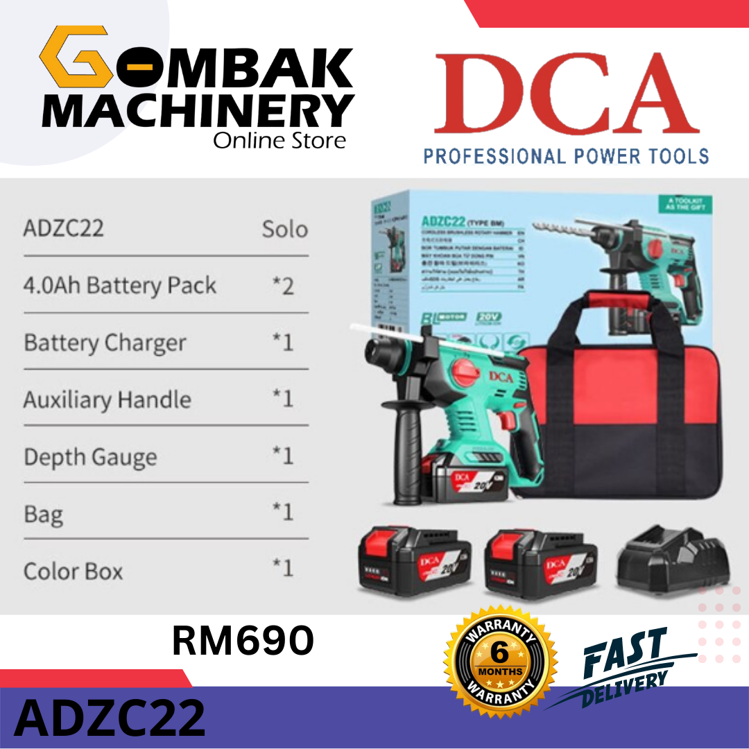 DCA ADZC22 20V 1400RPM 3 Mode Cordless Brushless Rotary Hammer C/W 2x4 ...