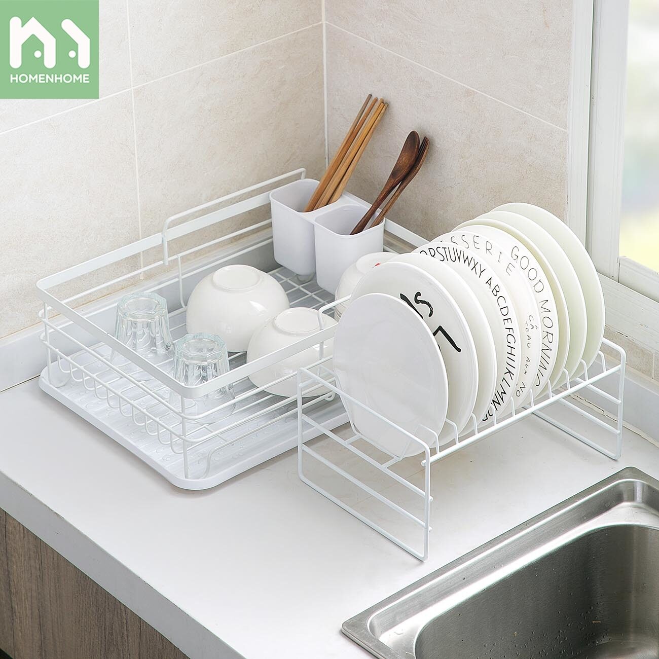 Homenhome Giá nhiều lớp để ráo chén dĩa nhà bếp tiện lợi, bằng sắt rèn - INTL