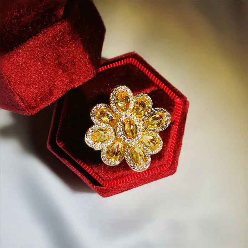 Trang Sức Nữ Cá Tính Ba Chiều Citrine Nhẫn Hoa Nhẫn Mở