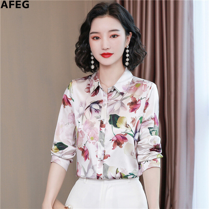 AFEG new Korean style shirt collar fashion loose and versatile temperament silk printing long-sleeved blouse