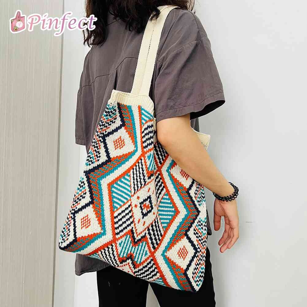Pinfect Fashion Retro Ethnic Style Knitting Shoulder Bag Women Tote Bag Casual Shopping Bag Handbag