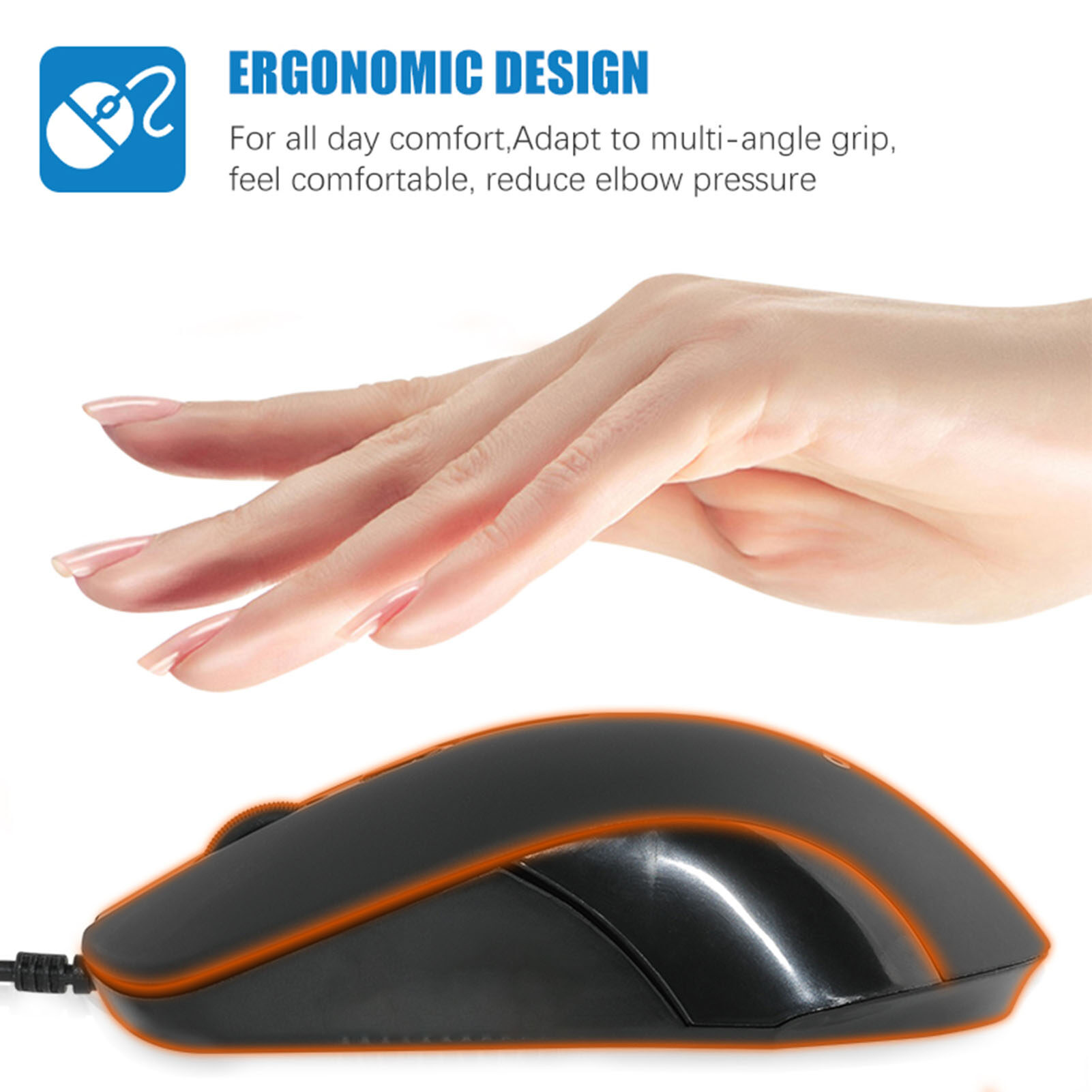 Baicai Kitchen Computer Mouse Plug And Play 3-Button Quiet Operation 1200DPI Ergonomic Design Control Notebook Anti-slip USB Wired Office Mouse for Laptop Professional Gaming Mouse