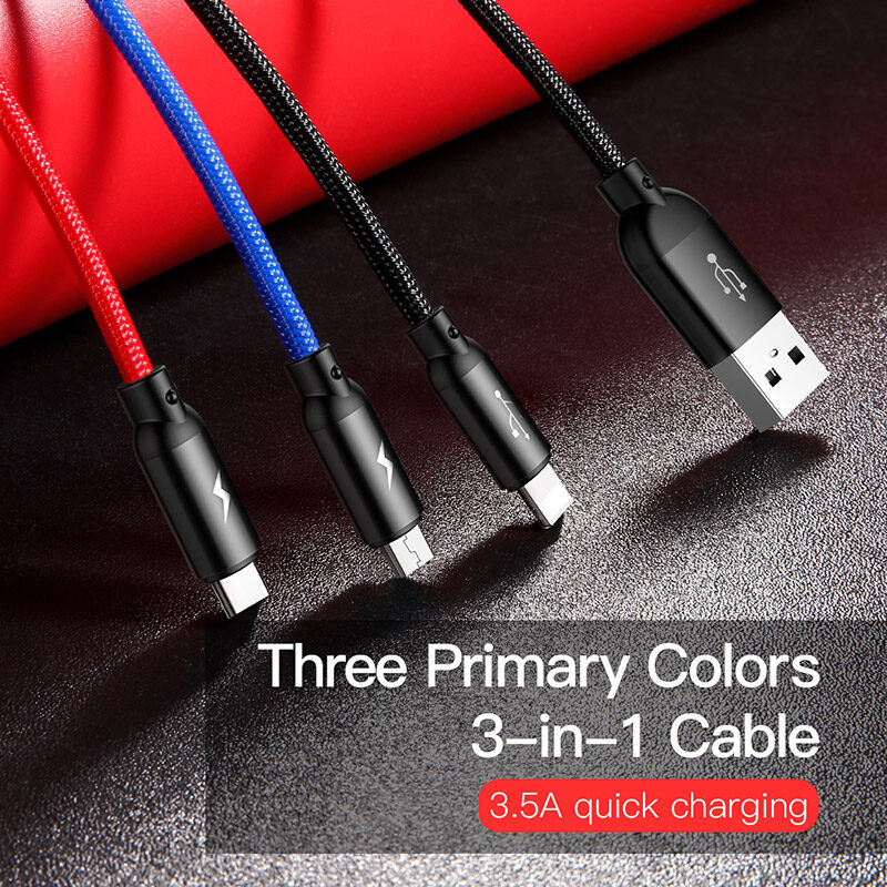 Cáp sạc đa năng Baseus Rapid Series 3 trong 1 cho iPhone/ iPad, Smartphone & Tablet Android (3.5A, 1.2M, Type C/ Micro/ Lightning , Fast charge3  in 1 Cable)