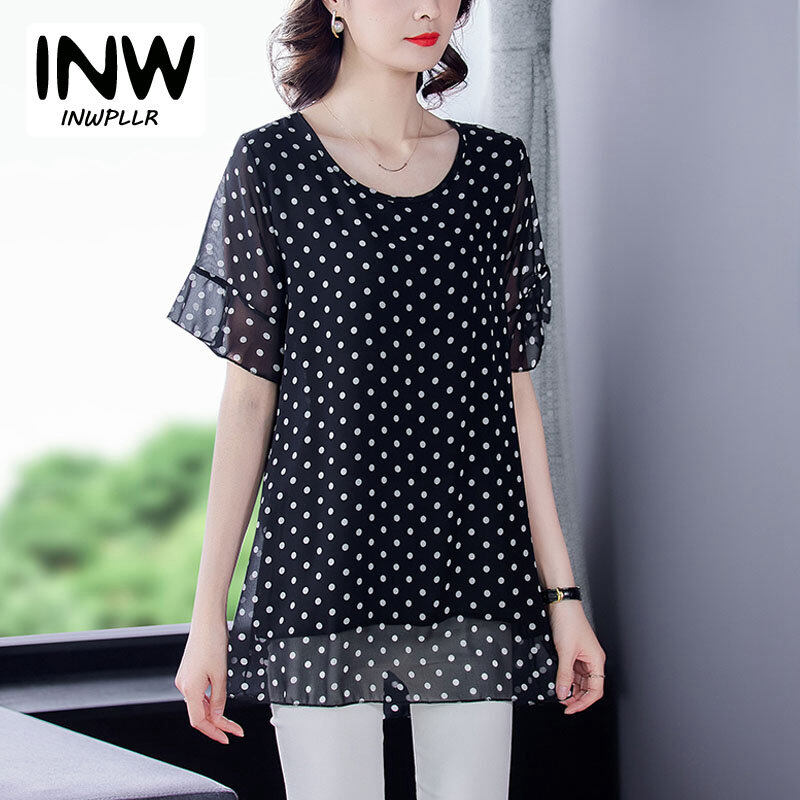INWPLLR New Arrivals Polka Dot Tops Women Casual Round Neck Chiffon Blouse Summer Short Sleeve Shirt Daisy Print Tops Plus Size M-4XL