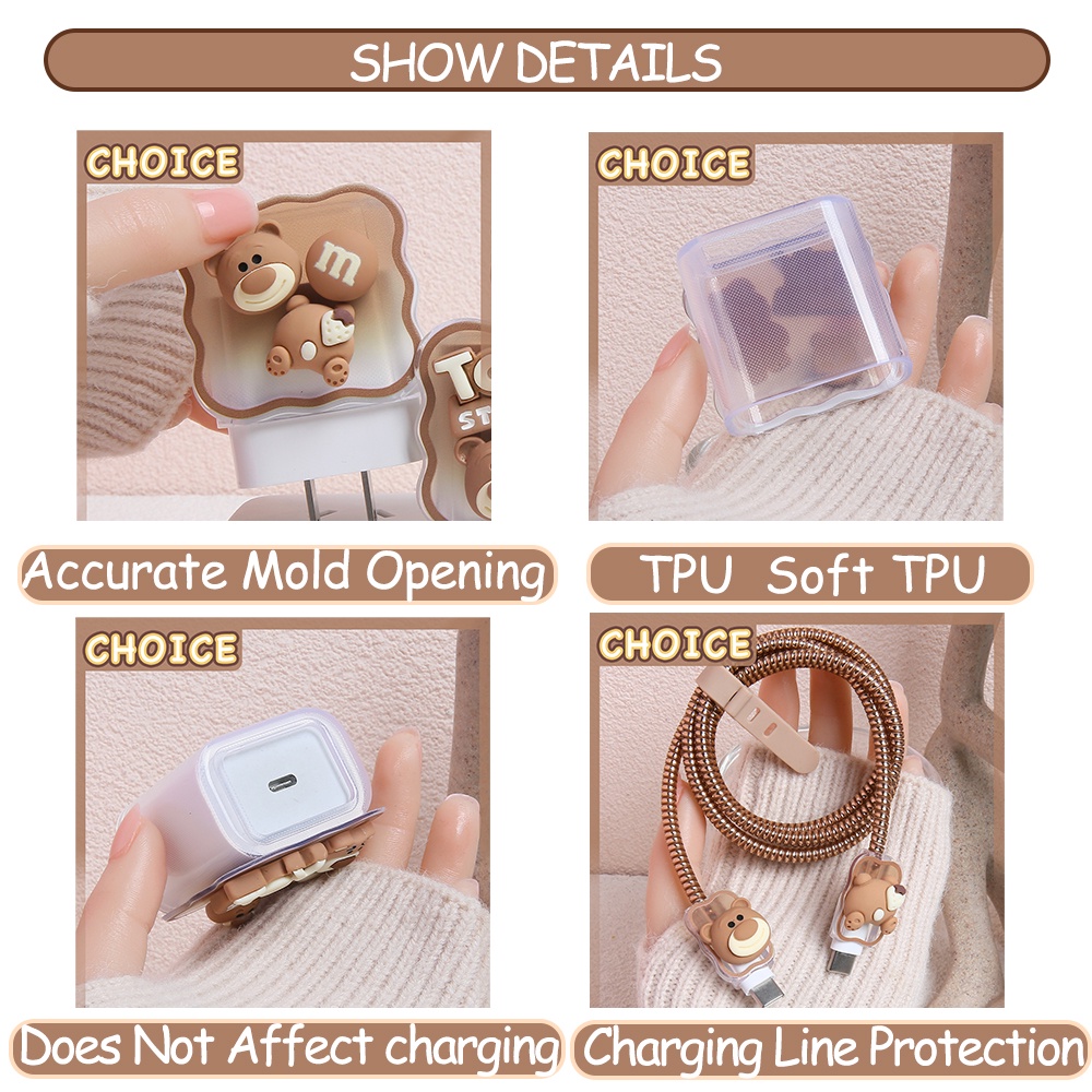 Charger Protector Cover Cute Cartoon Bear Wave Pattern Compatible for iPhone 18w 20w Cable Protector Earphone Cord Protector for ip14promax 14pro 14 ip12 11pro [cchoice]