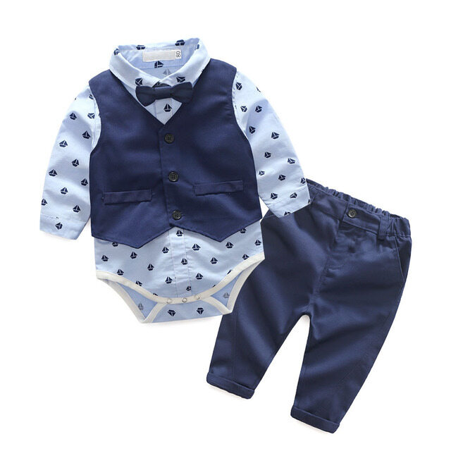 Baby Boy Gentleman Suit White Shirt with Bow Tie + Vest + Trousers 4Pcs Formal Infant Toddler Birthday Party Dress Kids Clothes Set 0-3Years
