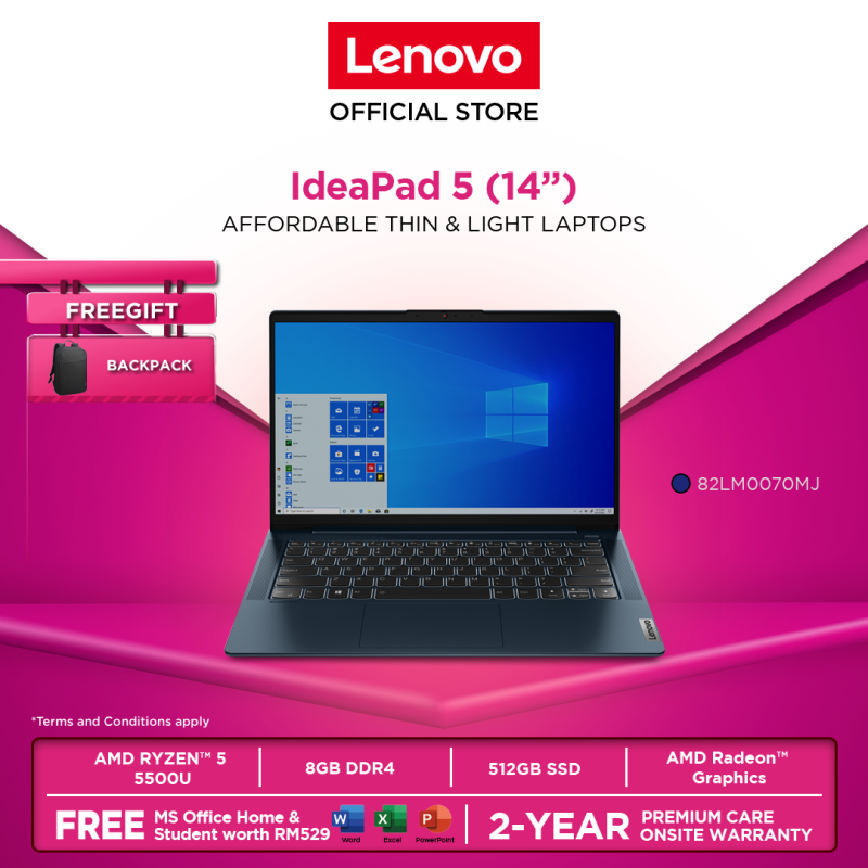 Lenovo IdeaPad 5 |82LM006RMJ/ 82LM0070MJ| 14|Ryzen5 |8GB|512GBSSD|W10H|MS OFFICE H&S|2YR WARRANTY| FOC: BACKPACK Malaysia
