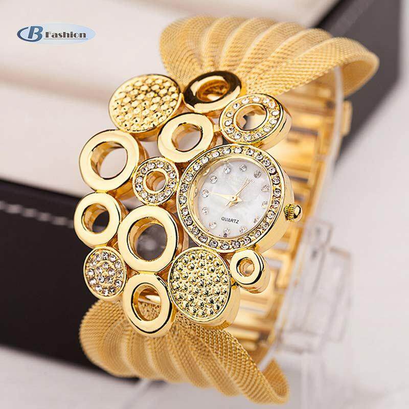 B-F Fashion Women Crystal Accented Bangle Bracelet Watch Alloy Mesh Strap Quartz Wrist Watch Jelwery