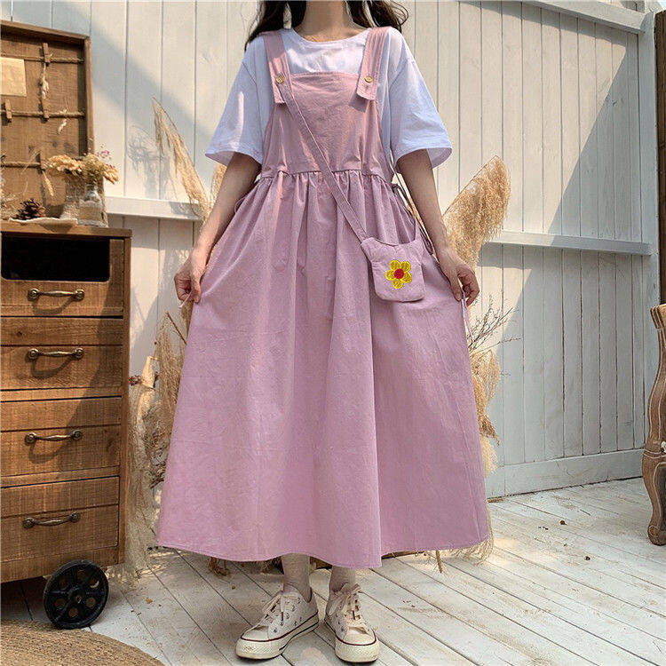 Send bag college style summer strap dress female student Korean version loose and thin wild mid-length suspender skirt