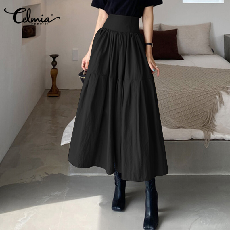 Celmia Women Solid Color Cotton Ruffle Swing High Waist Dress Casual Elegant Loose Party Maxi Dress