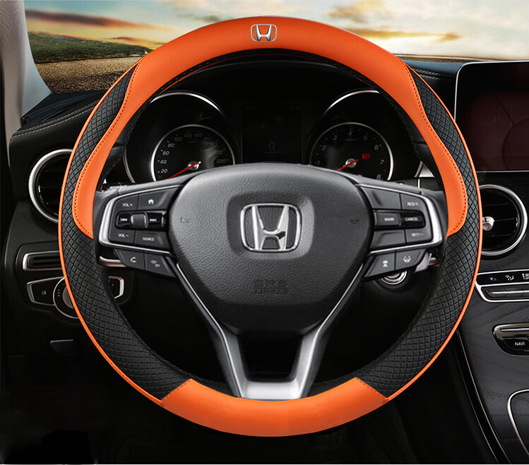 Honda Car Steering Wheel Cover (Round Shape Black) Leather Suitable for All Honda Cars Accord City Civic CRV HRV Jazz Odyssey Stream CRZ 38CM