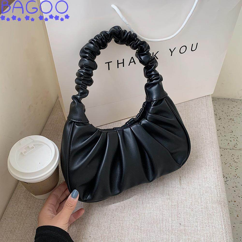 BAGOO Elegant Pleated Handbag Women PU Leather Travel Totes Purse Solid Color Fashion Shoulder Bags