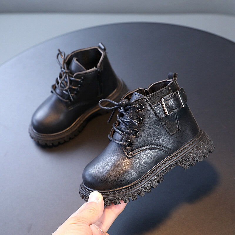 Children's autumn and winter solid color retro short boots Martin boots side zipper soft sole boots single boots leather boots