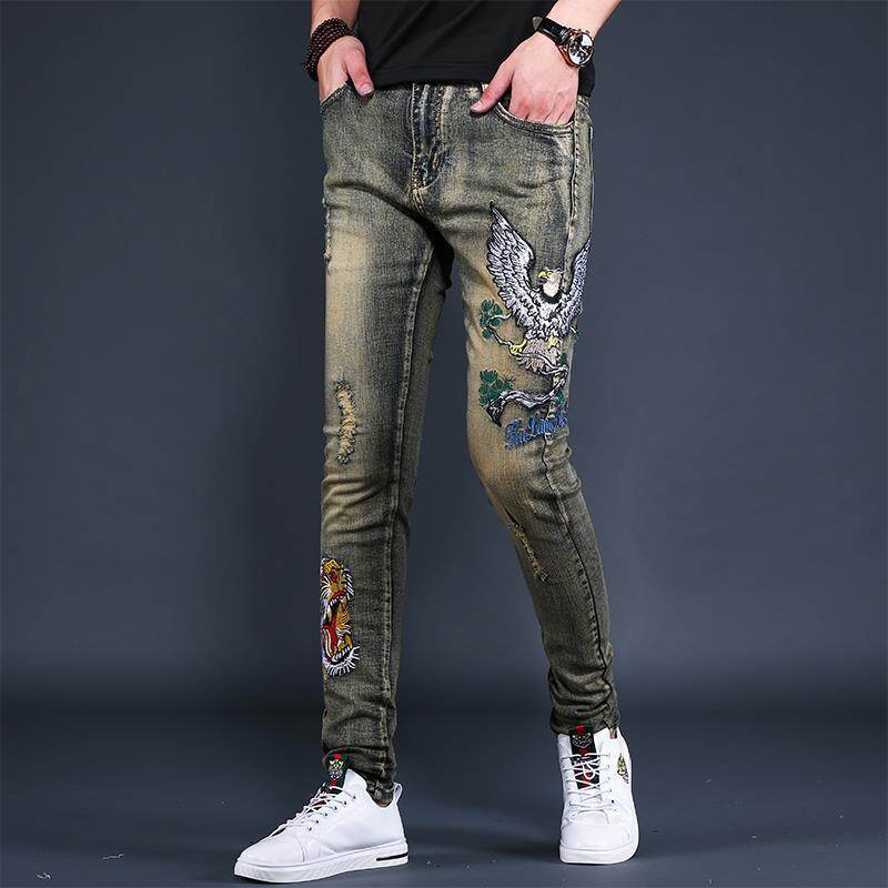 SONIX Embroidered Flower Jeans Men's Tide Brand Slim Feet Pants