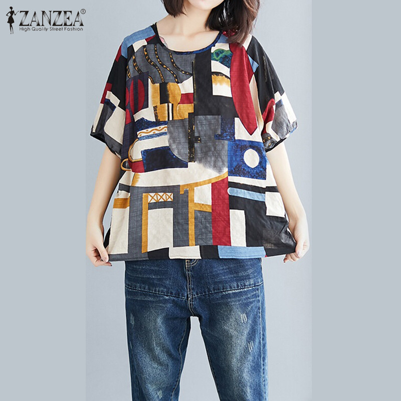 ZANZEA Women Summer Short Sleeve Blouse Crew Neck Pullover Floral Top Tee Shirt