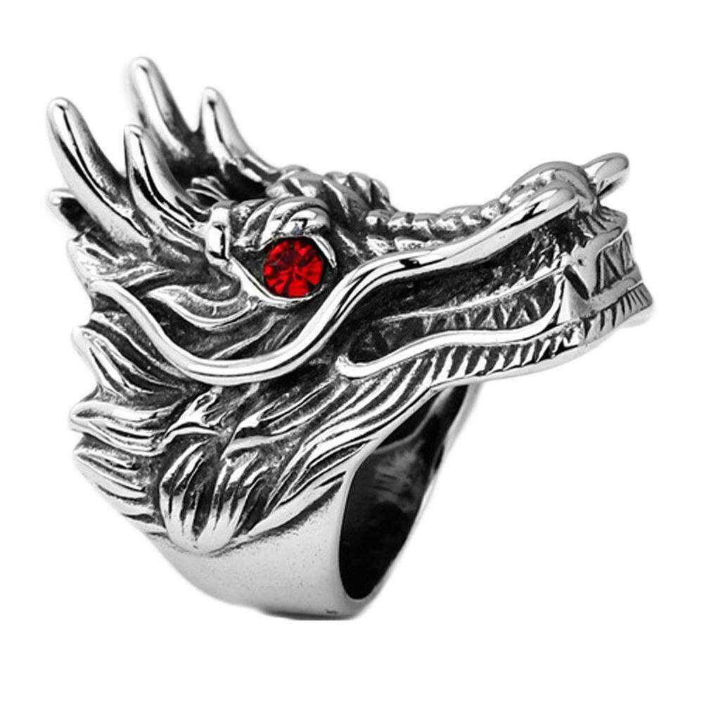 Punk Men Cubic Zirconia Inlaid Carved Dragon Head Finger Ring Party Jewelry Gift