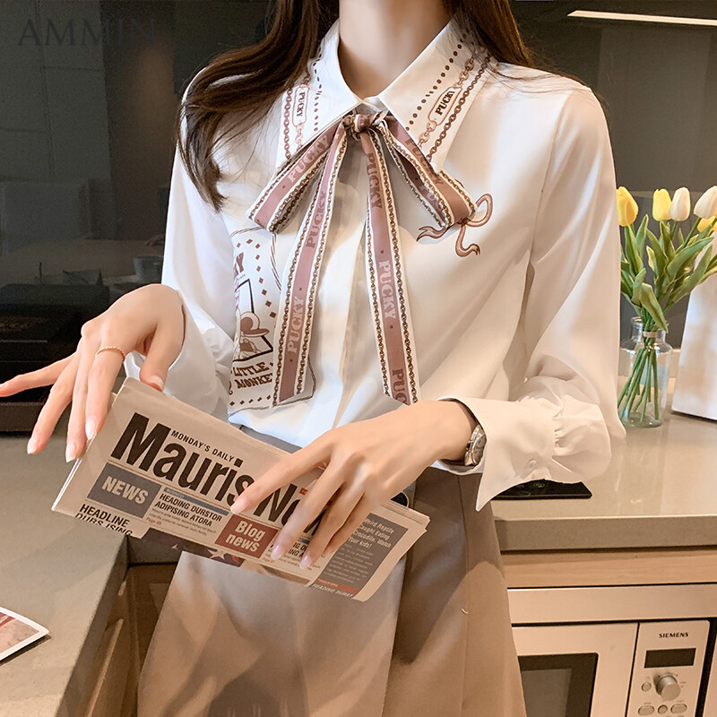 AMMIN  New Bow Ribbon Design Printed Shirt For Women All-match White Long Sleeve Chiffon Top Casual Blouse