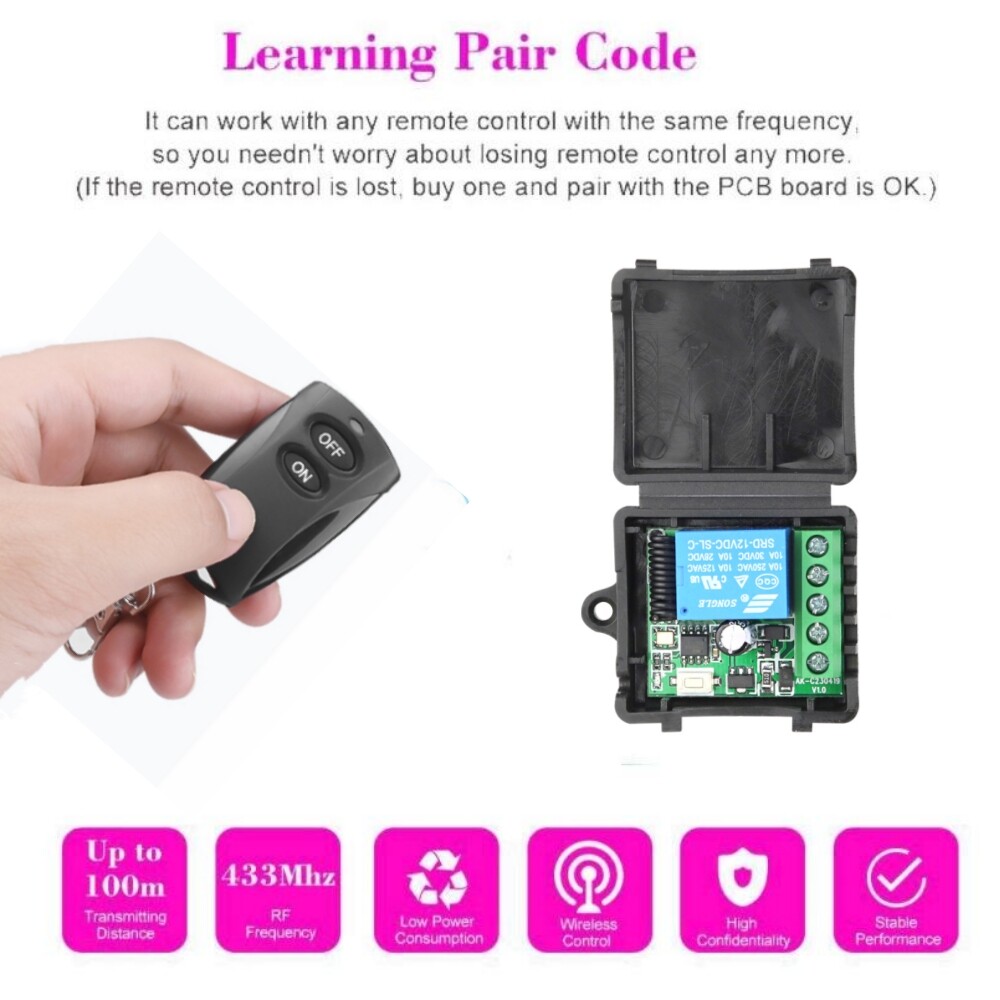 433 Mhz phổ công tắc điều khiển từ xa không dây DC 12V 1CH Rơ Le thiết bị nhận mô-đun và máy phát tần số vô tuyến điều khiển khóa điện tử
