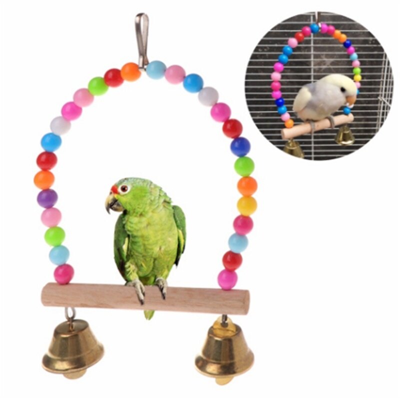 Mode Shop Natural Wooden Parrots Swing Toy Birds Perch Hanging Swings Cage with Colorful Beads Bells